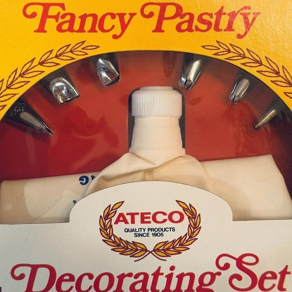 Vintage Ateco Fancy Pastry Cake Decorating Set 6 Metal Tubes 10in Bag USA
